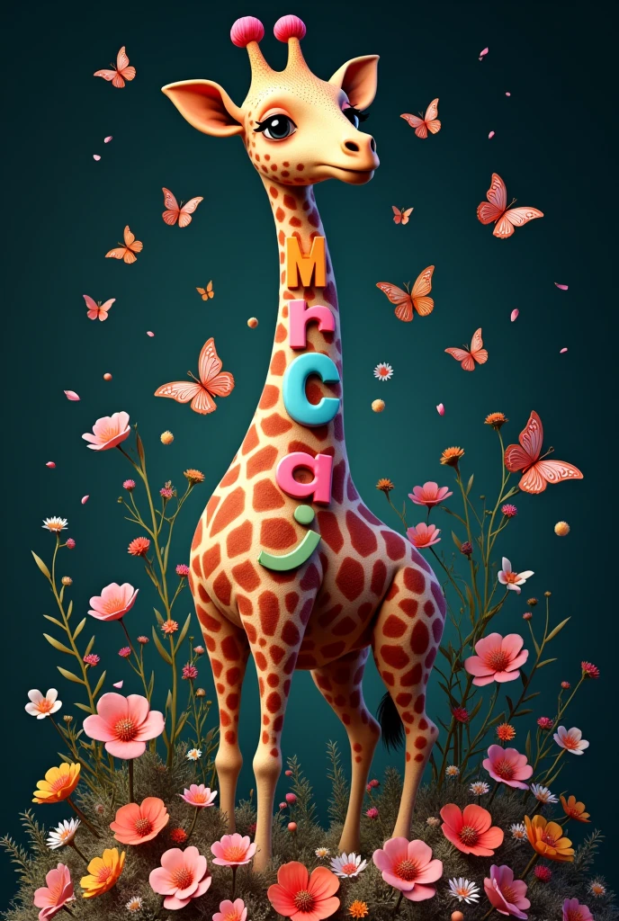 A giraffe with the Marcia fonts colored 3d wrapped in flowers and butterflies and black background.