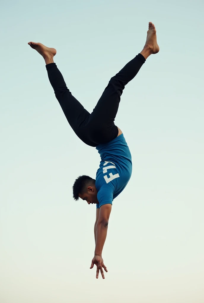 A young man in black pants and a blue shirt with the words "FLX" behind a fourth gainer