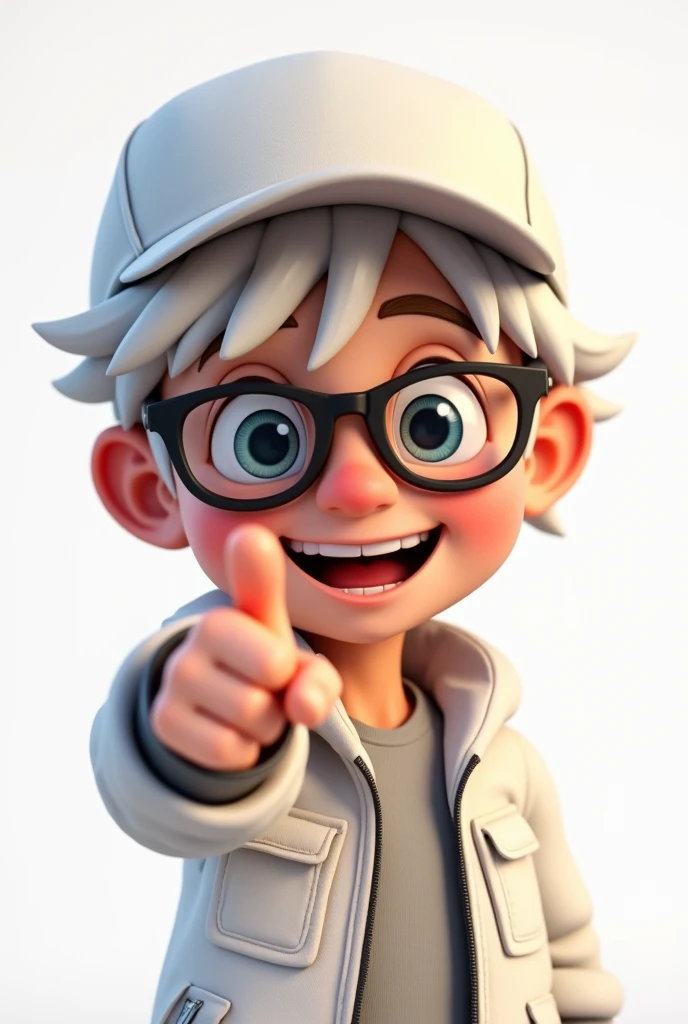 handsome male character, laughing and white hair, with white cap and glasses and jacket pointing at the camera 3d chibi, pixar style