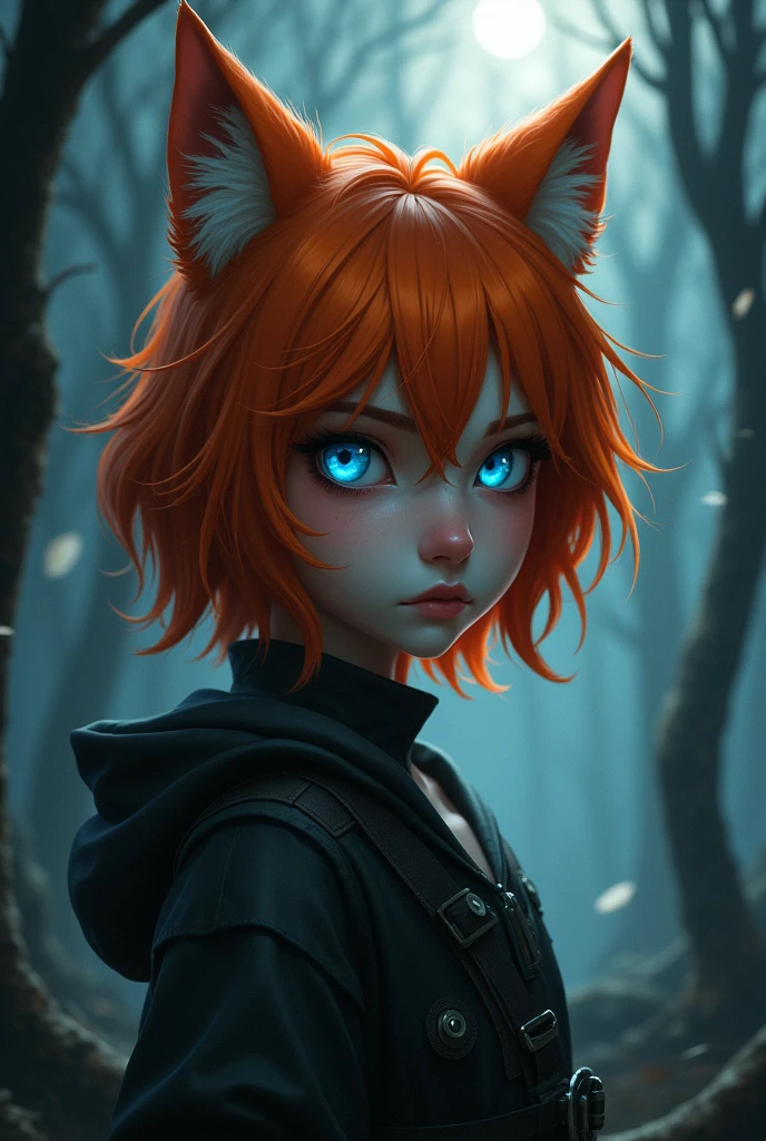 werewolf girl with orange short hair with blue eyes