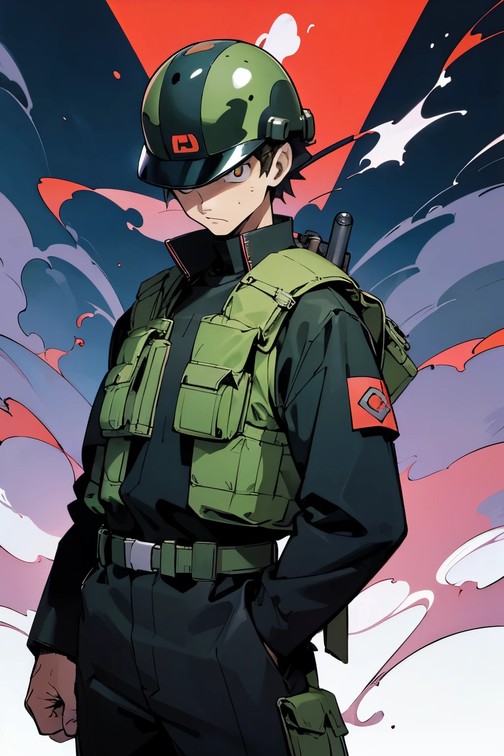 by Ken Sugimori, sugimori 1990s, ((only 1man)),  adult, camoflauge uniform, backpacker, survivalist, bullet proof vest, scowling, helmet, misty wisps in the background, supernatural, ninja weapons ((hands behind their back)), full black pupils, manga, best quality, highly detailed, clean lines, cowboy shot, good hands, good eyes, hd, 8k, professional, symmetrical, hires, 8k,