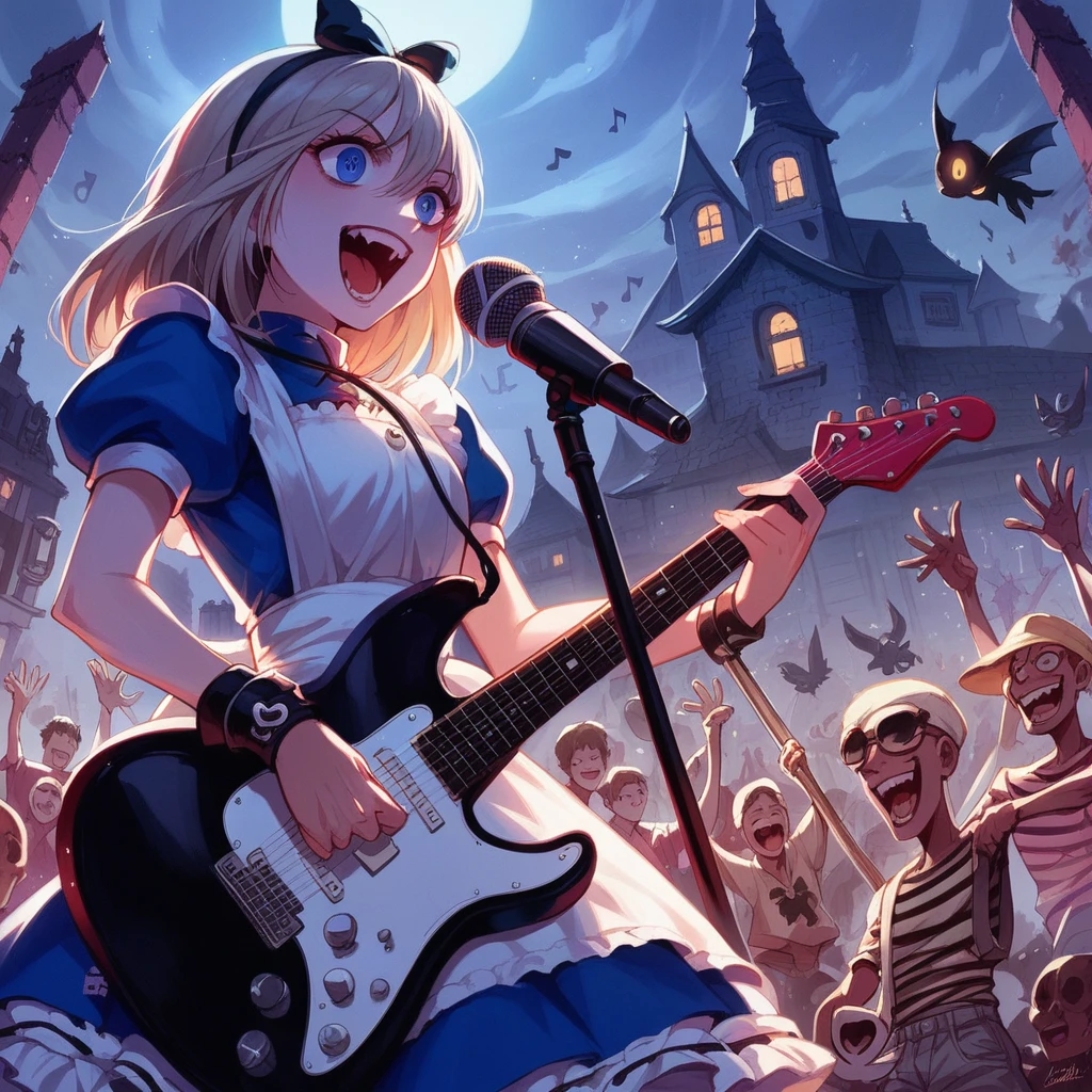 Bold brushstrokes, anime style illustration, midsummer night, crazy fun, cinematic lighting, Alice and the main characters from "Alice in Wonderland" performing a rock concert in a graveyard in the middle of the night, Alice with an electric guitar hanging from her shoulder, singing into a microphone, the dead audience cheering on.