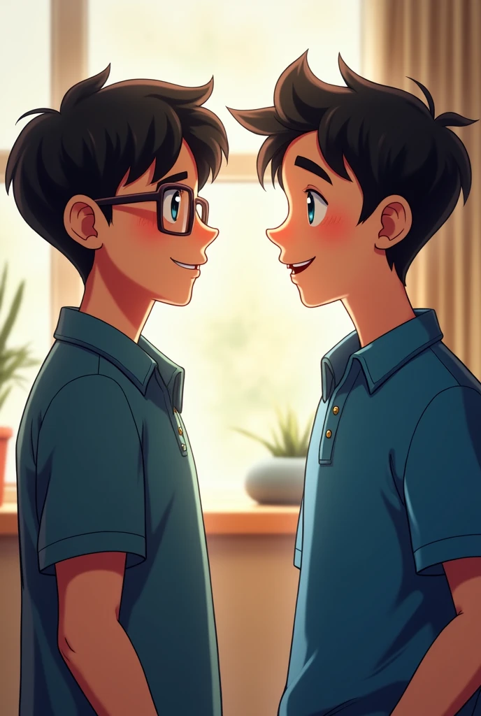 2 age boys are chatting, 1 wearing glasses black hair, 1 without glasses black hair with blue shirt Graphic image
