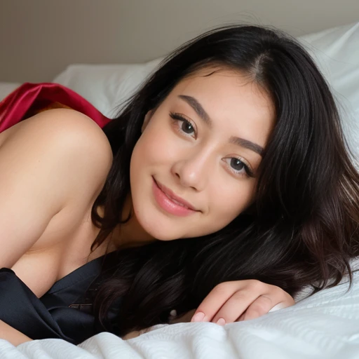 RAW,, Nikon Z 85mm, award-winning glamor photography, ((best quality)), ((masterpiece)), ((realistic)), ((beautiful face)), chinese woman. bedroom, ((unfasten red kimono showing naked tits)), ((small breast)), 20 years old, (bob black hair), black eyes, innocent, intricate details, highly detailed, sharp focus, professional, 4k, , stunning blue eyes, small, delicate, innocent, high resolution, high detail, sharp focus, soft , aesthetic, extremely detailed, photo_\(ultra\), photorealistic, realistic, post-processing, maximum detail, roughness, real life, ultra-realistic, photorealism, photography, 8k uhd, photography, ((lying down on bed, face up,smiling ))
