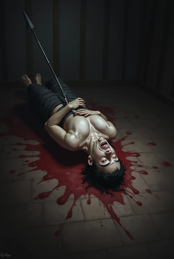 Corpse surrounded by red blood. Realistic blood around the corpse. Corpse fallen on wooden steps. Anatomia perfeita.
