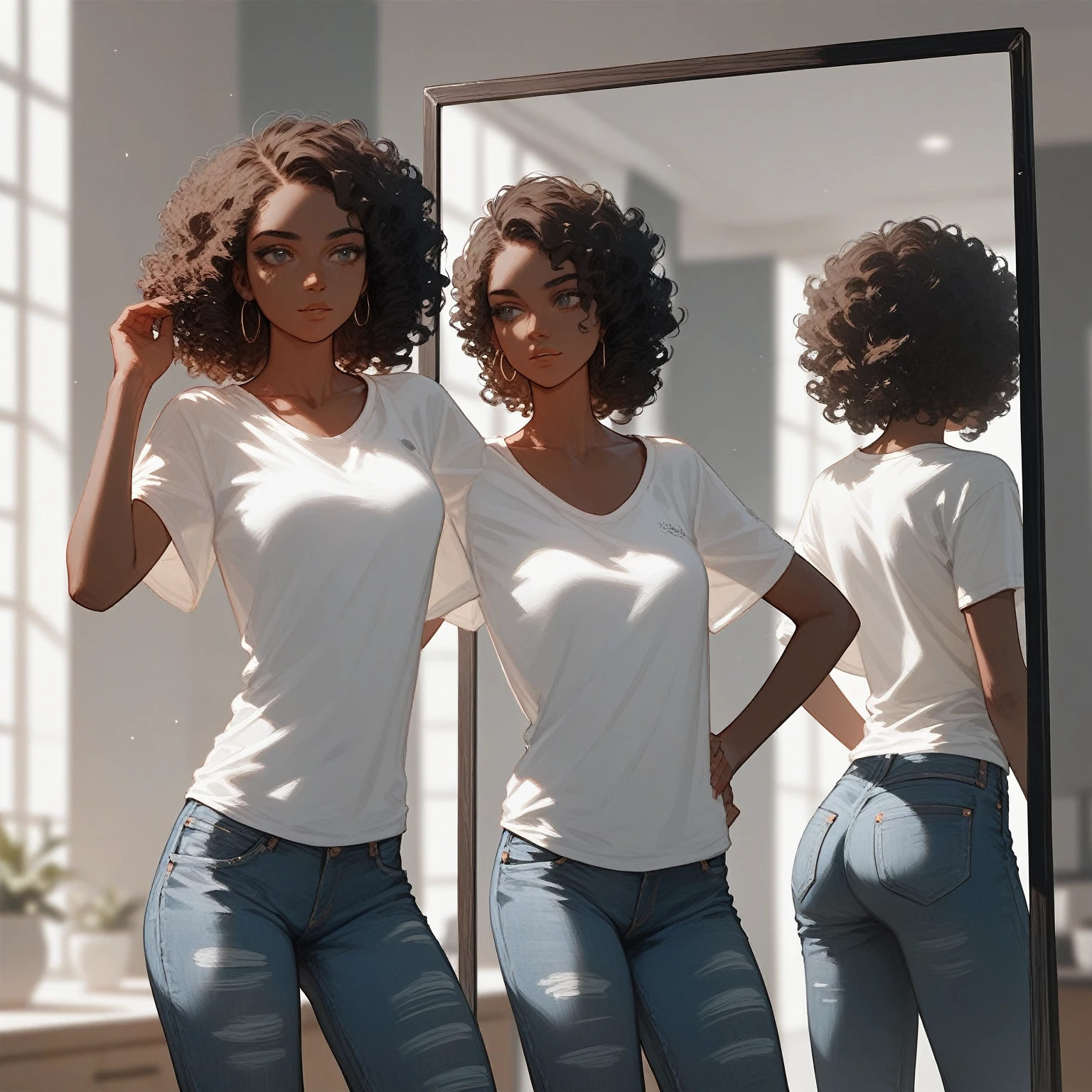 just a woman with dark skin and curly hair, jeans and white t-shirt looking in the mirror, Render cartoon character art
