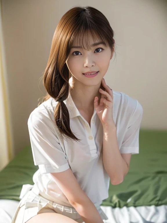(Masterpiece, Best quality: 1.4), (Ultra realistic, Photo-realistic: 1.2), From above, From side, Sitting, Looking at viewer, Natural light, 28 years old actress, Japanese women, Neat and clean, ((Wearing white tennis uniform, White short-sleeve polo shirt with collar, Not buttoning the polo shirt, White pleated tennis skirt: 1.3)), (Wearing white sock: 1.2), (Ponytail: 1.2), (Beautiful face), Oval face, clear, Beautiful eyes, Kind eyes, Clear skin, Small face, Beautiful mouth, Small mouth, Natural makeup, Approachable, Seductive smile, (Seductive pose: 1.4), (Beautiful thighs: 1.2), (Bedroom eyes: 1.1), Embarrassed, Blush, Luxury hotel Suite room, On bed,