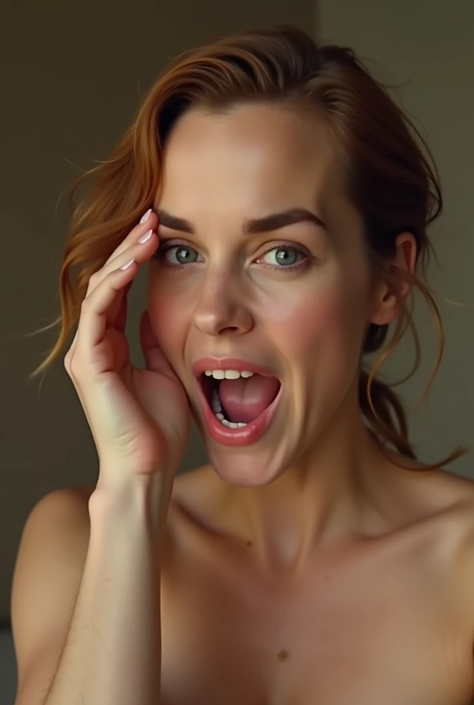 Emma Watson completely naked touching her huge tits with a hyperrealistic excited face as if it were real 