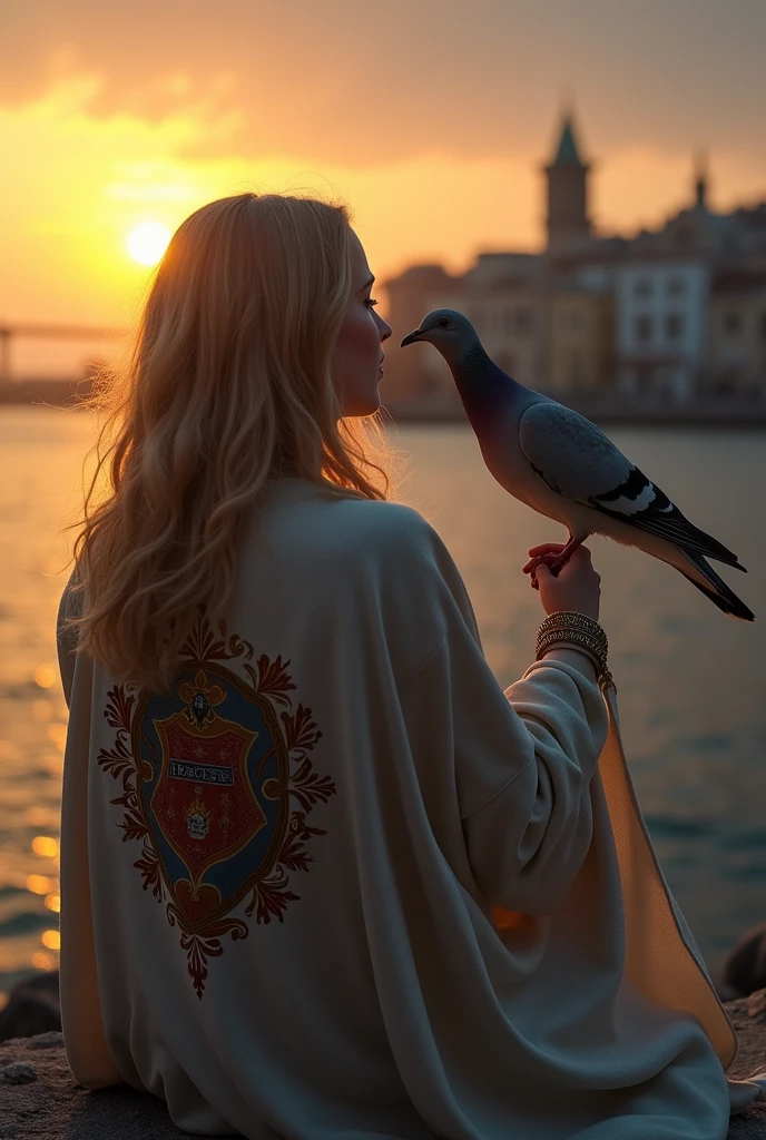 create an image for me, and a dove that touches with its paws the mouth of the one that has dark blond hair and is covered with a cloak with a coat of arms of Our Lady of Graces and is sitting facing the city built on the sea side, with a contrast between sunset and night
