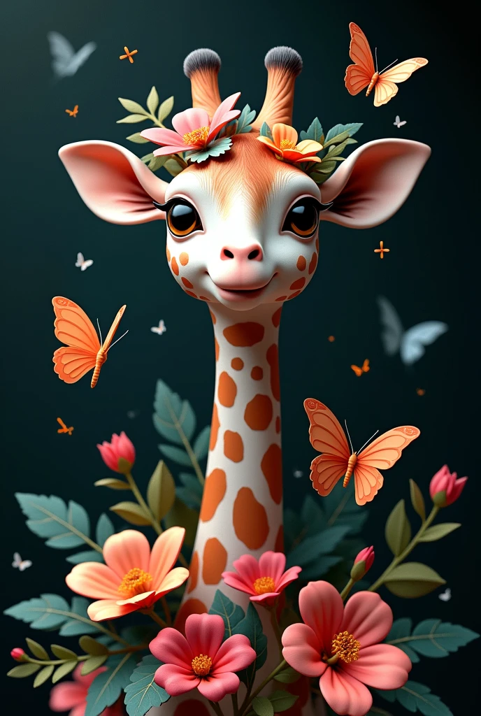 A giraffe with the Marcia fonts colored 3d wrapped in flowers and butterflies and black background.