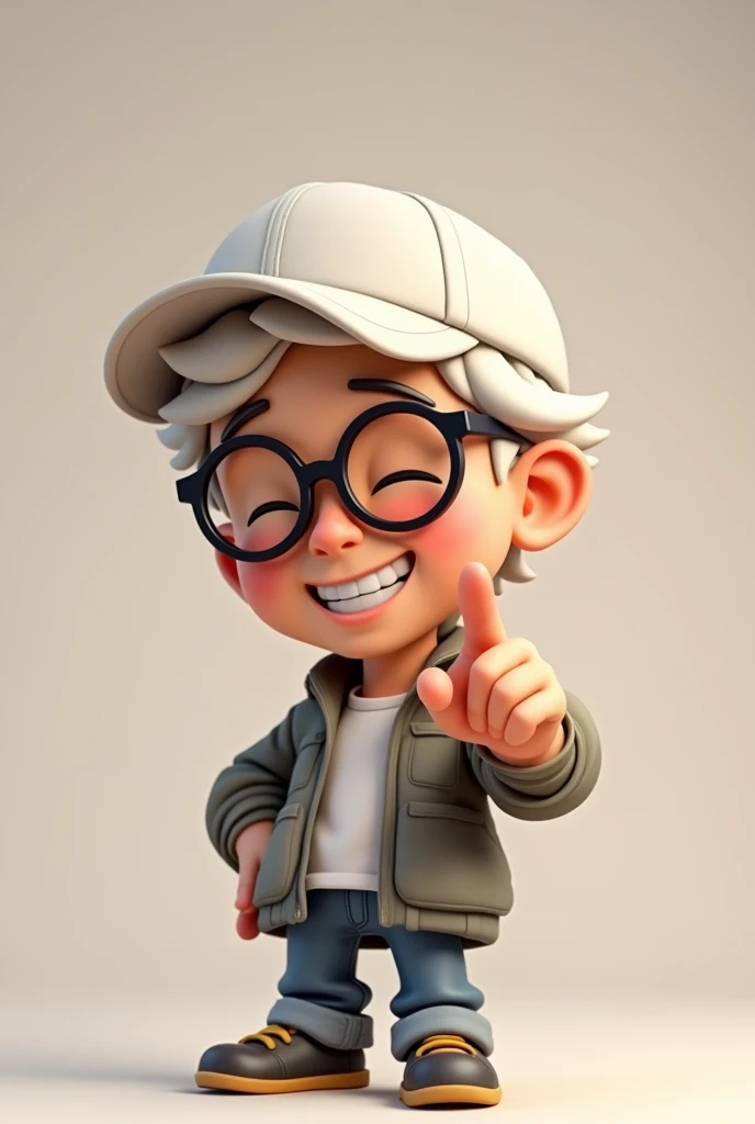 handsome male character, laughing and white hair, with white cap and glasses and jacket pointing at the camera 3d chibi, pixar style