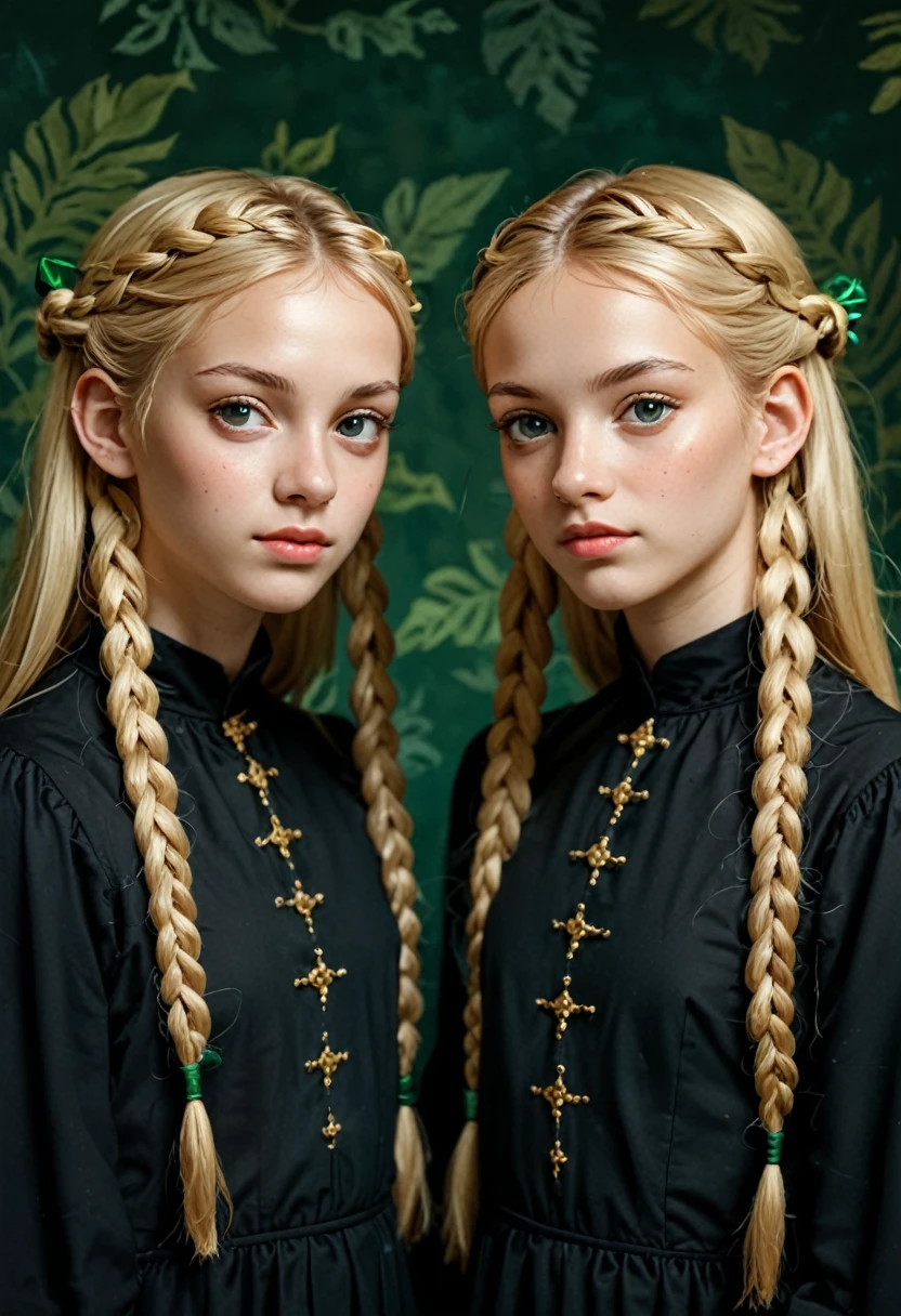 two girls KIDS BLONDE GOLD BRAIDS LONG HAIR with bows on their heads and one wearing a BLACK dress, FONES DE OUVIDO FOGO E FOGO. GREEN Smoke Billowing GREEN, portrait of twins twins, faixa de cabelo AMARELO,
