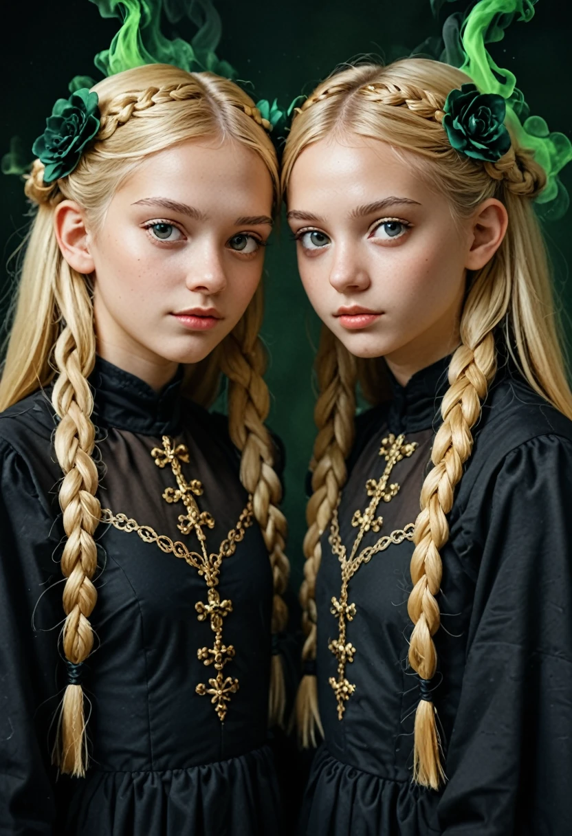 two girls KIDS BLONDE GOLD BRAIDS LONG HAIR with bows on their heads and one wearing a BLACK dress, FONES DE OUVIDO FOGO E FOGO. GREEN Smoke Billowing GREEN, portrait of twins twins, faixa de cabelo AMARELO,