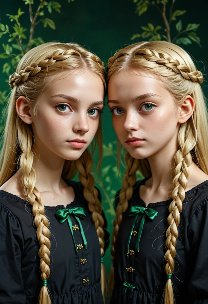 two girls KIDS BLONDE GOLD BRAIDS LONG HAIR with bows on their heads and one wearing a BLACK dress, FONES DE OUVIDO FOGO E FOGO. GREEN Smoke Billowing GREEN, portrait of twins twins, faixa de cabelo AMARELO,