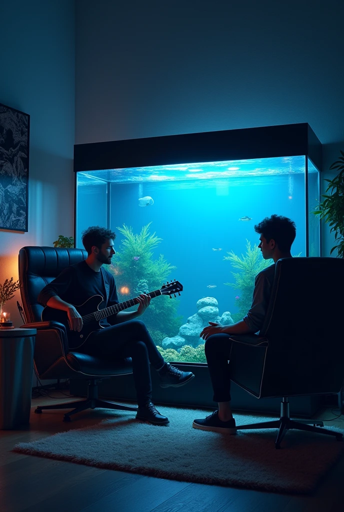 Two artists inside a studio on top of the clouds at 10 pm at night, One of them is sitting in a black armchair with the tag "big Soldier" and the other boy is inside the aquarium recording music