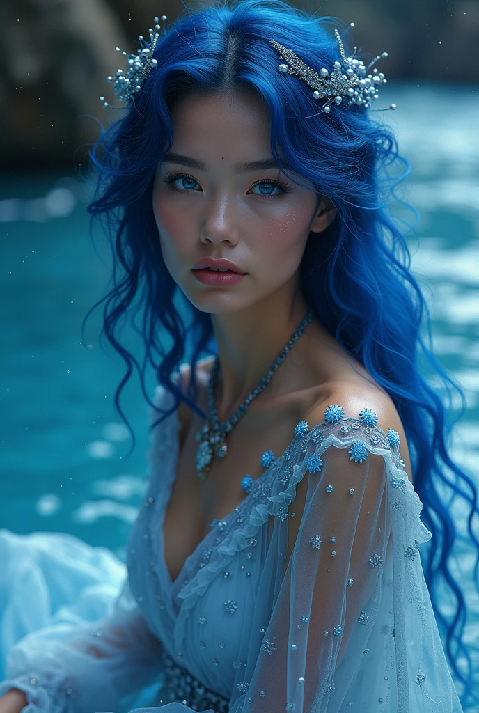 ( high qualiy , ultra detaild, be careful with your hand )Zodiac - Sagittarius goddess , similar to Latin kindness . sanguine, detached, funny and intellectual face . irresponsible, cold heart, impatient, overly confident style . dark blue eyes (Eyes Detail) , deep blue hair with bling bling , Transparent robe , in the ocean with stars , all-body , fire makeup , god Chiron