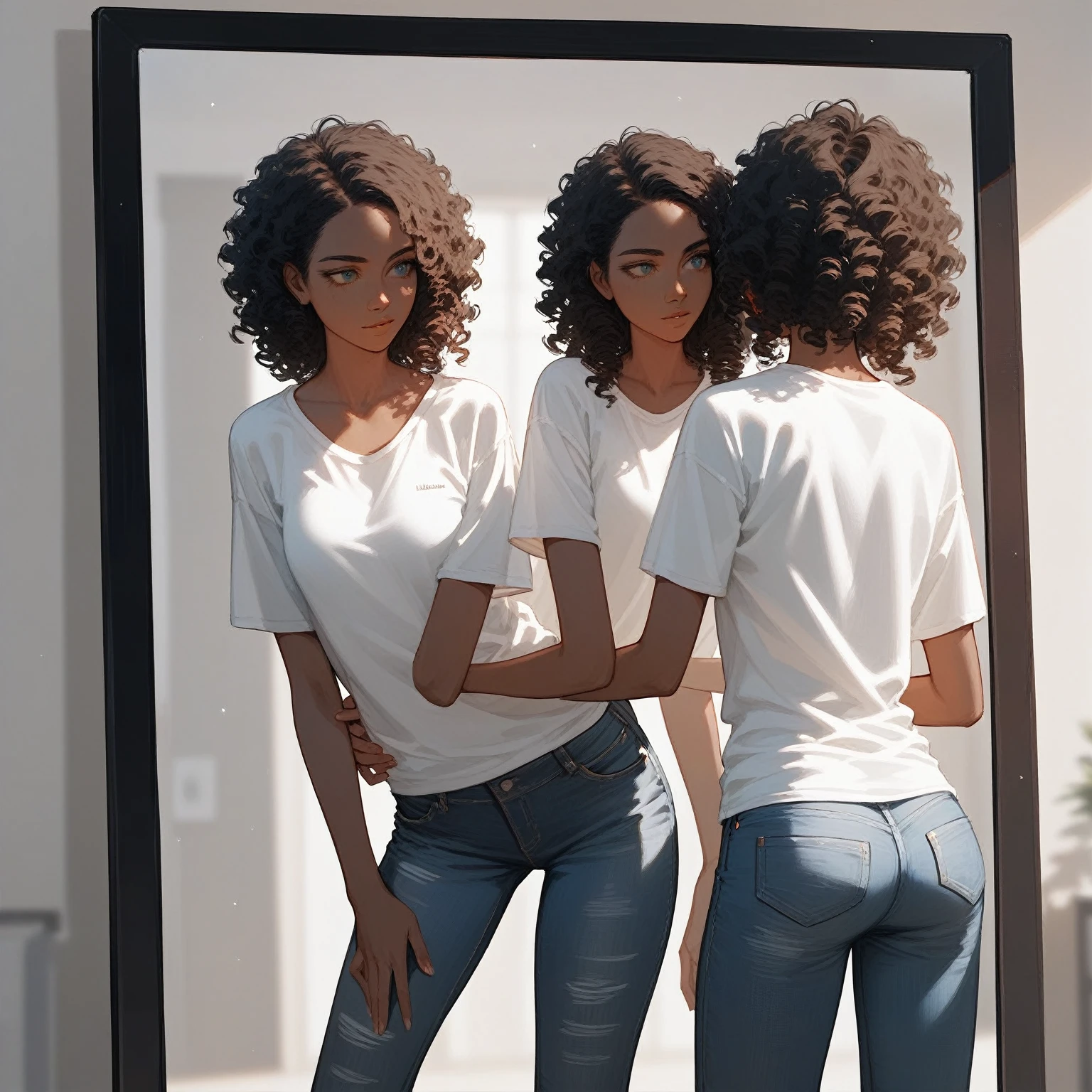 Afroamericana, modelo, cuerpo perfecto, baby doll, muy corto, hilo dental negro, tucked between your buttocks, vista trasera, ropa transparente, rostro hermoso, Wet, hiperrealista y extremadamente detallado el cuerpo, Face and anatomical proportions, sensual look back standing