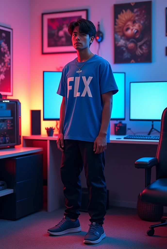A young man in black pants and a blue shirt with the words "FLX" in a gamer room