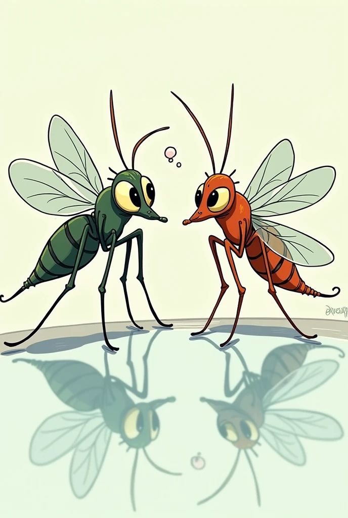 An image with the type of comic drawing where a mosquito is reflected talking to another mosquito