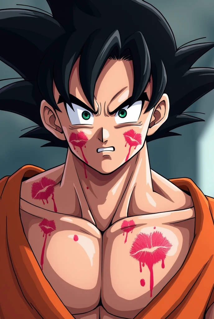 anime style, Adult Goku with his face and neck covered in kiss marks made by lipstick
