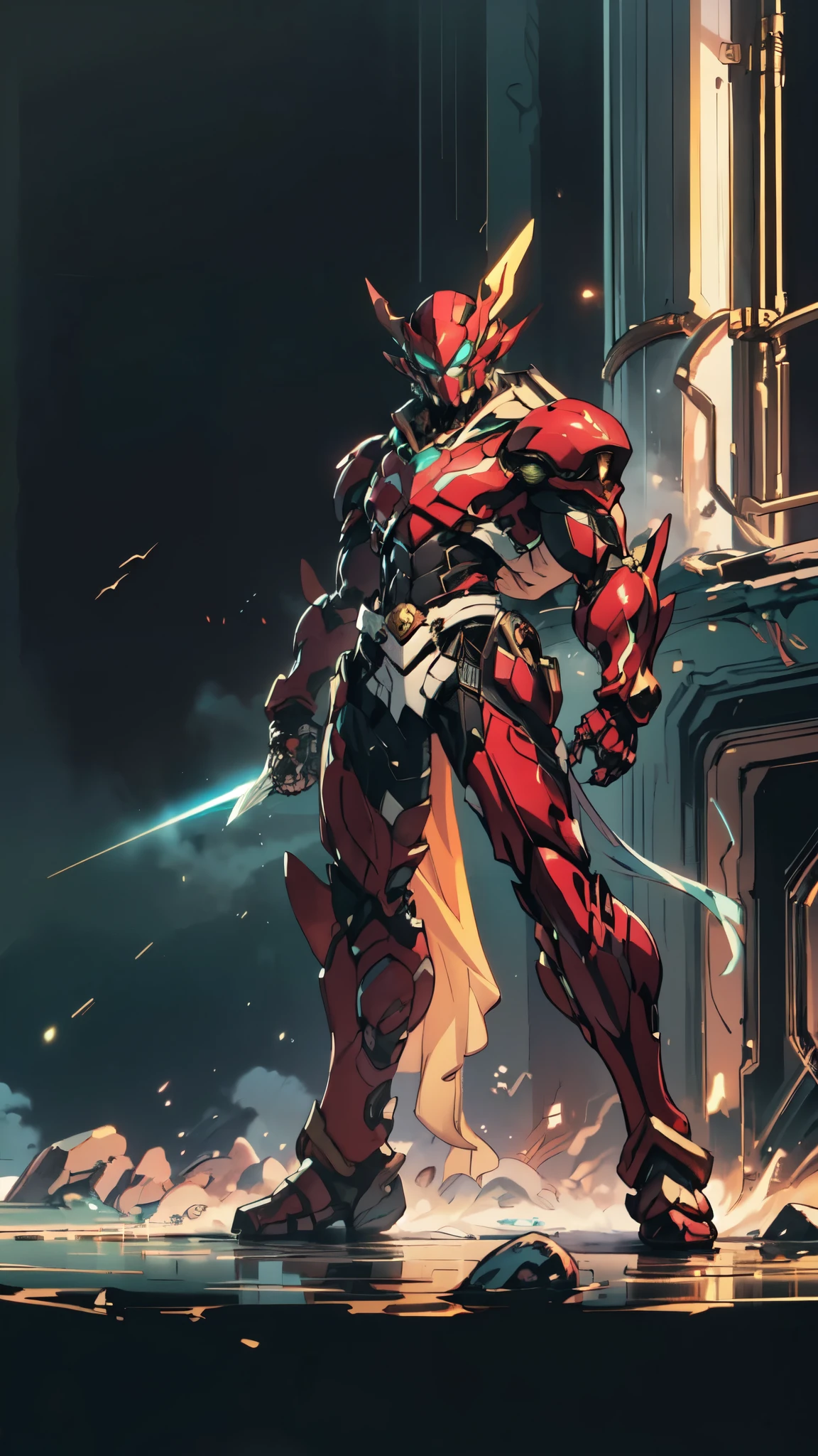 (masterpiece:1.5, best quality:1.5, extremely delicate:1.5, superhero pose:1.5), a man wearing a full-face helmet, a fantasy-style biotech armored combat suit, green eyes, (a composite layered chest armor), fully enclosed shoulder guards, matching arm and leg guards, belt of Neon circuit, (the color scheme is primarily black with green and red accents), the design balances heavy with agility, a high-tech bio-mecha armor, (Armor Concept Inspired by Bat, stand on the top of a skyscraper in a futuristic sci-fi city), this character embodies a finely crafted fantasy-surreal style armored hero in anime style, exquisite and mature manga art style, (element, plasma, energy, the armor glows), ((male:1.5)), metallic, high definition, highres, ultra-detailed, ultra-fine painting, professional, perfect body proportions, golden ratio, anatomically correct, symmetrical face, extremely detailed eyes and face, high quality eyes, creativity, RAW photo, UHD, 32k, Natural light, cinematic lighting, masterpiece-anatomy-perfect