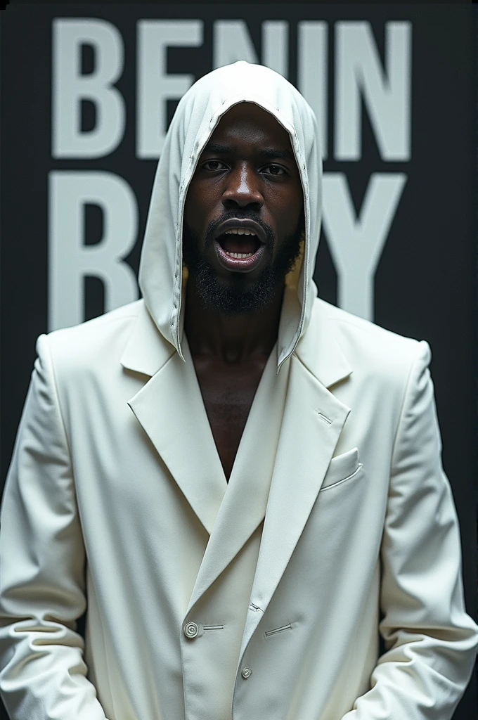 Afro male in a white scary outfit singing with the word Benin Boy boldly written on the Background