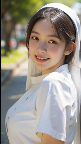 High resolution, Anatomically correct, Highest quality, Very detailed, Textured skin, One girl, Upper Body, Nuns, Chu々, 清Chu, kind, love, Cheerful, Tranquility, No makeup, Virgin Mary, Japanese, Soft Focus, reflected light, Backlight, Overexposure, Alphonse Mucha,