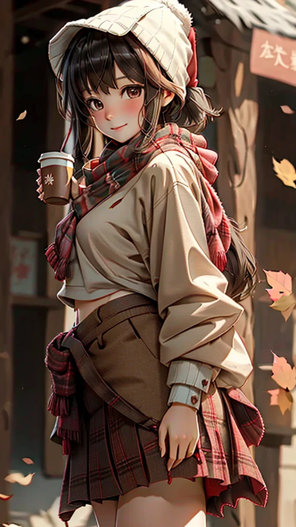 One girl, 紅leaf, bangs, Black Hat, Blurred Background, blush, Brown eyes, Brown Hair, brown scarf, brown skirt, cardigan, coffee, Cowboy Shot, cup, disposable cup, drink, 落ちleaf, Beanie, Holding, Holding drink, leaf, Long Hair, Long sleeve, View your viewers, open cardigan, Open your mouth, Plaid, Plaid skirt, puffy Long sleeve, red sweater, scarf, shirt, shirt tucked in, Side Lock, skirt, smile, alone, sweater, white shirt, Very detailed, Complex, masterpiece, Absurd