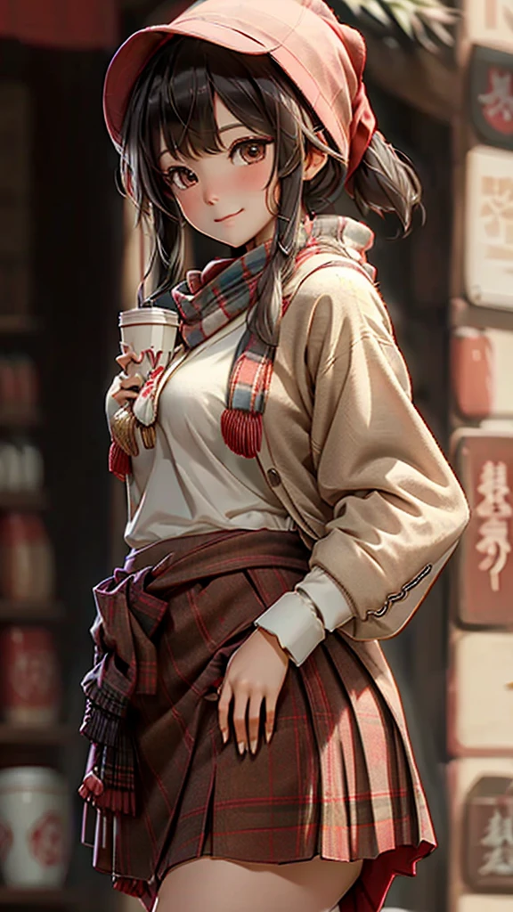 One girl, 紅leaf, bangs, Black Hat, Blurred Background, blush, Brown eyes, Brown Hair, brown scarf, brown skirt, cardigan, coffee, Cowboy Shot, cup, disposable cup, drink, 落ちleaf, Beanie, Holding, Holding drink, leaf, Long Hair, Long sleeve, View your viewers, open cardigan, Open your mouth, Plaid, Plaid skirt, puffy Long sleeve, red sweater, scarf, shirt, shirt tucked in, Side Lock, skirt, smile, alone, sweater, white shirt, Very detailed, Complex, masterpiece, Absurd