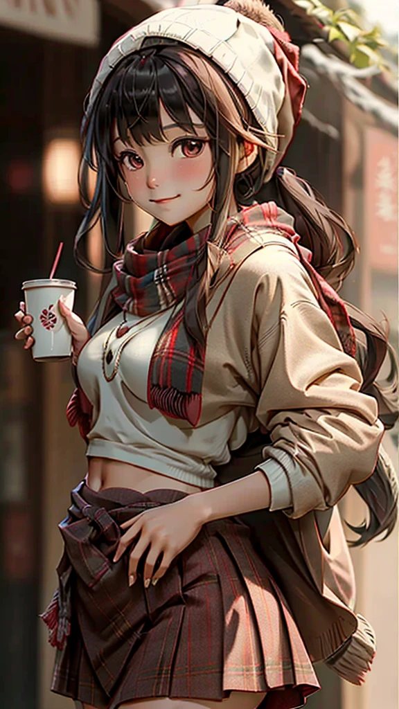 One girl, 紅leaf, bangs, Black Hat, Blurred Background, blush, Brown eyes, Brown Hair, brown scarf, brown skirt, cardigan, coffee, Cowboy Shot, cup, disposable cup, drink, 落ちleaf, Beanie, Holding, Holding drink, leaf, Long Hair, Long sleeve, View your viewers, open cardigan, Open your mouth, Plaid, Plaid skirt, puffy Long sleeve, red sweater, scarf, shirt, shirt tucked in, Side Lock, skirt, smile, alone, sweater, white shirt, Very detailed, Complex, masterpiece, Absurd