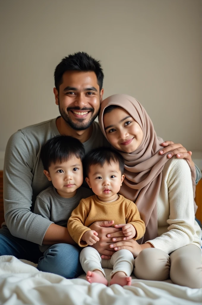 An asian muslim family consisting of a father and mother with three sons. The first son is 7 , the second son is 5 years old third son is a 4-month-old baby.