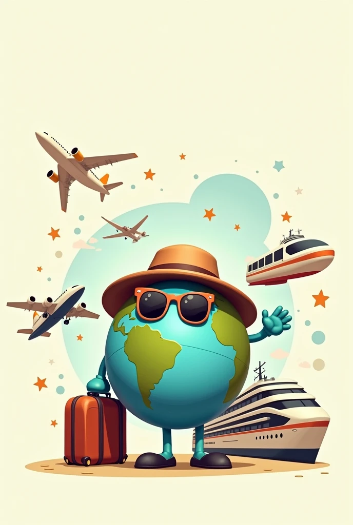 Cartoon of a globe wearing a traveler's outfit, with sunglasses and luggage and near a plane, a modern train and cruise ship, where the silhouette of the character and the means of transport remain intact