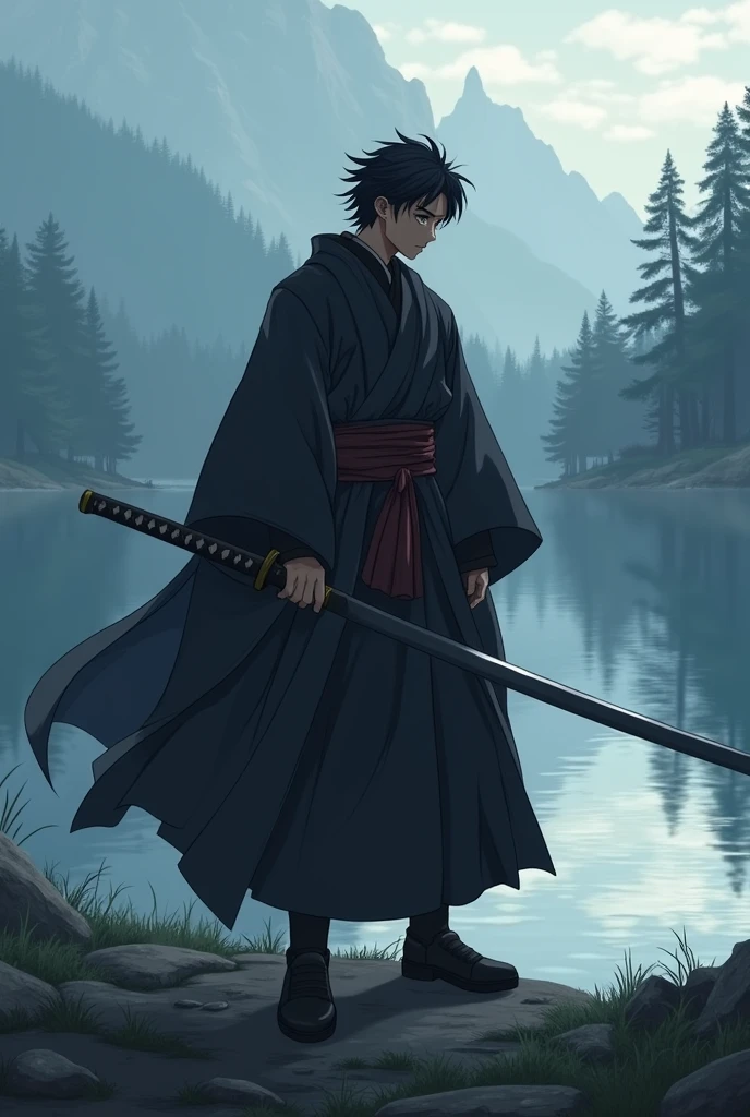 Create an image of a slightly muscular white man with black hair, just like Miyamoto Musashi from Vagabond, brown eyes in anime style, looking tired and angry, com altura de 1.80 meters, wearing light black clothes covering the body and a cape, holding a katana near a lake