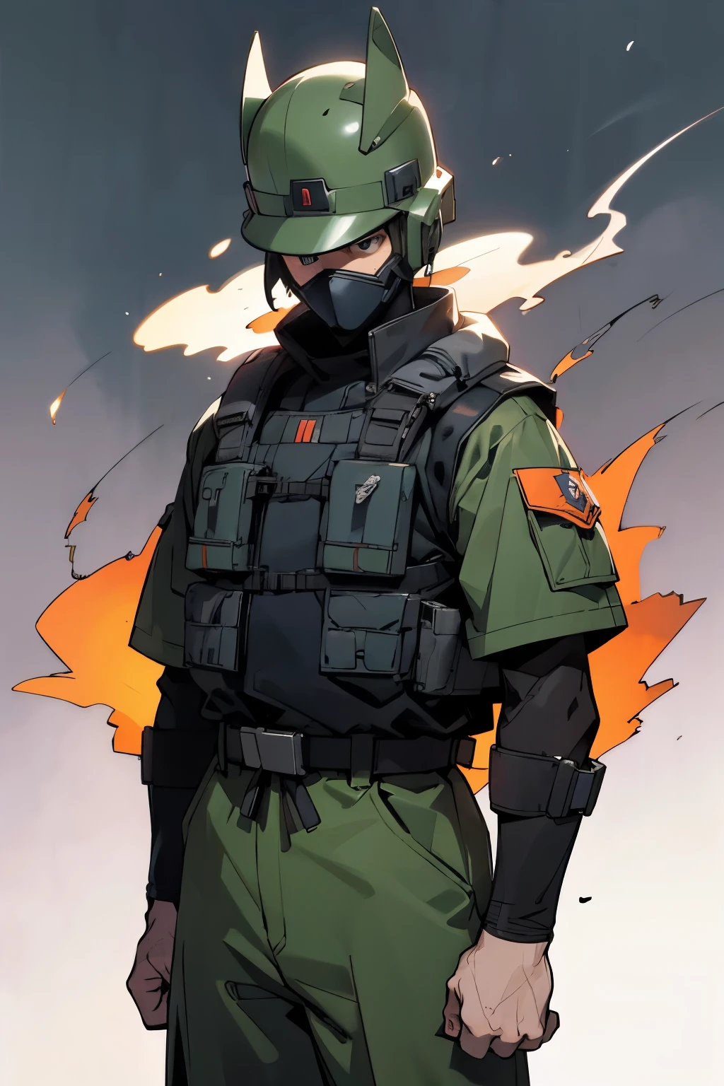 by Ken Sugimori, sugimori 1990s, ((only 1man)),  adult, camoflauge uniform, backpacker, survivalist, bullet proof vest, scowling, helmet, misty wisps in the background, supernatural, ninja weapons ((hands behind their back)), full black pupils, manga, best quality, highly detailed, clean lines, cowboy shot, good hands, good eyes, hd, 8k, professional, symmetrical, hires, 8k,