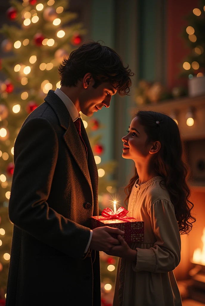 Scherlock Holmes from the BBC Scherlock series without a beard along with John Watson who has blond hair in 221b in the living room giving Christmas presents to a Brazilian girl with long wavy brown hair and white skin smiling kindly,This girl's name is Geovana and she wants to be a detective like him and has a romantic attraction to Scherlock
