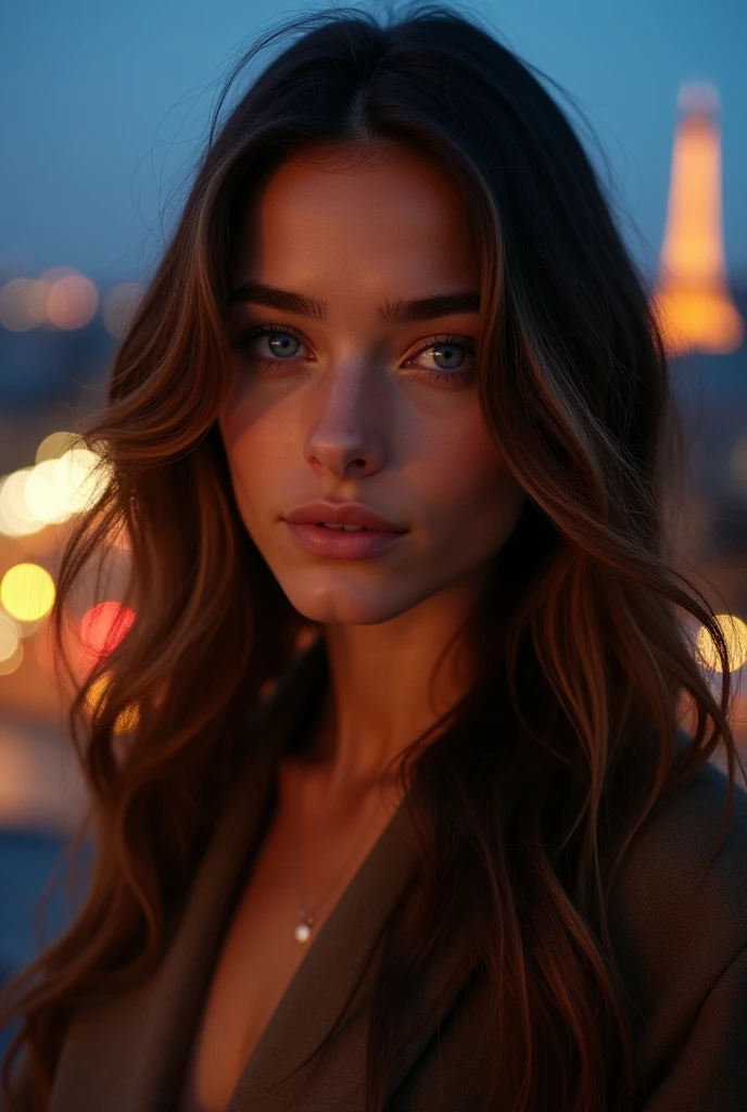 hyper realistic portrait of a young brunette, 23 years old, with long flowing brunette hair with highlights and striking blue eyes. She should have a natural, approachable expression and be lit by soft, golden light, canon eos r5, raw format, background is the skyline of Paris france at night, full body
