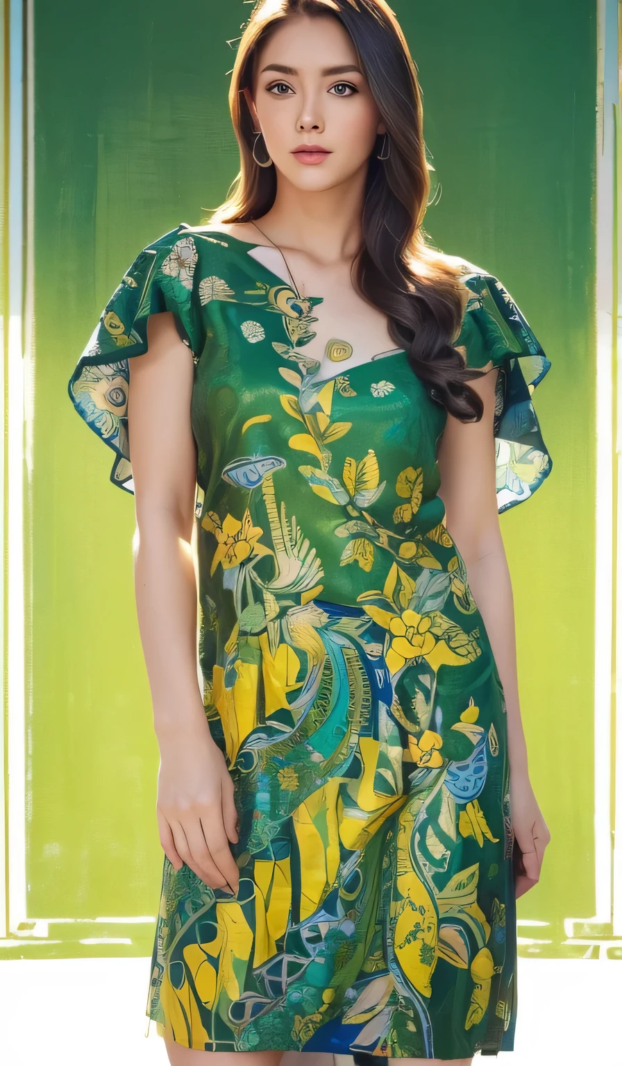(masterpiece), (best quality), (digital painting), beautiful woman, thick eyebrows, blue eyes, curled eyelashes, facial details, long hair,, (green yellow batik shirt cloth_ patterns), short skirt step repeating patterns design, fabric art, flat illustration, Vector, 4K, Art station shop street background, Highly detailed, intricate, 8k octane rendering