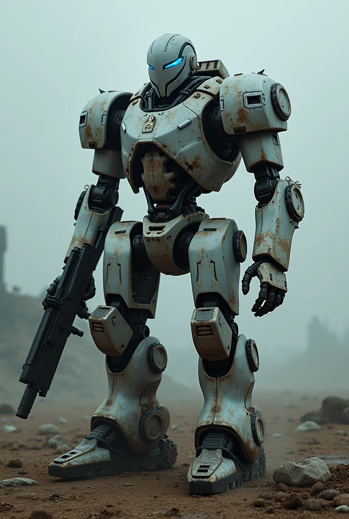 Create an image of a battle-worn robot standing on a desolate battlefield in a dystopian future. The robot is heavily damaged, with deep scratches, dents, and missing armor plates revealing exposed circuits and mechanical parts. Its once-shiny metallic surface is now tarnished and covered in grime, yet its core remains active, glowing faintly with an inner blue light. One of its arms is partially destroyed, but it still clutches a powerful energy weapon, ready for combat. The robot's eyes, dim but still alert, reflect centuries of relentless warfare. The landscape around it is bleak, littered with debris, and shrouded in dark, ominous clouds. Despite its battered condition, the robot stands tall, embodying resilience and determination, prepared to fight until the very end. The atmosphere is somber yet heroic, highlighting the enduring spirit of the machine in its final battles."