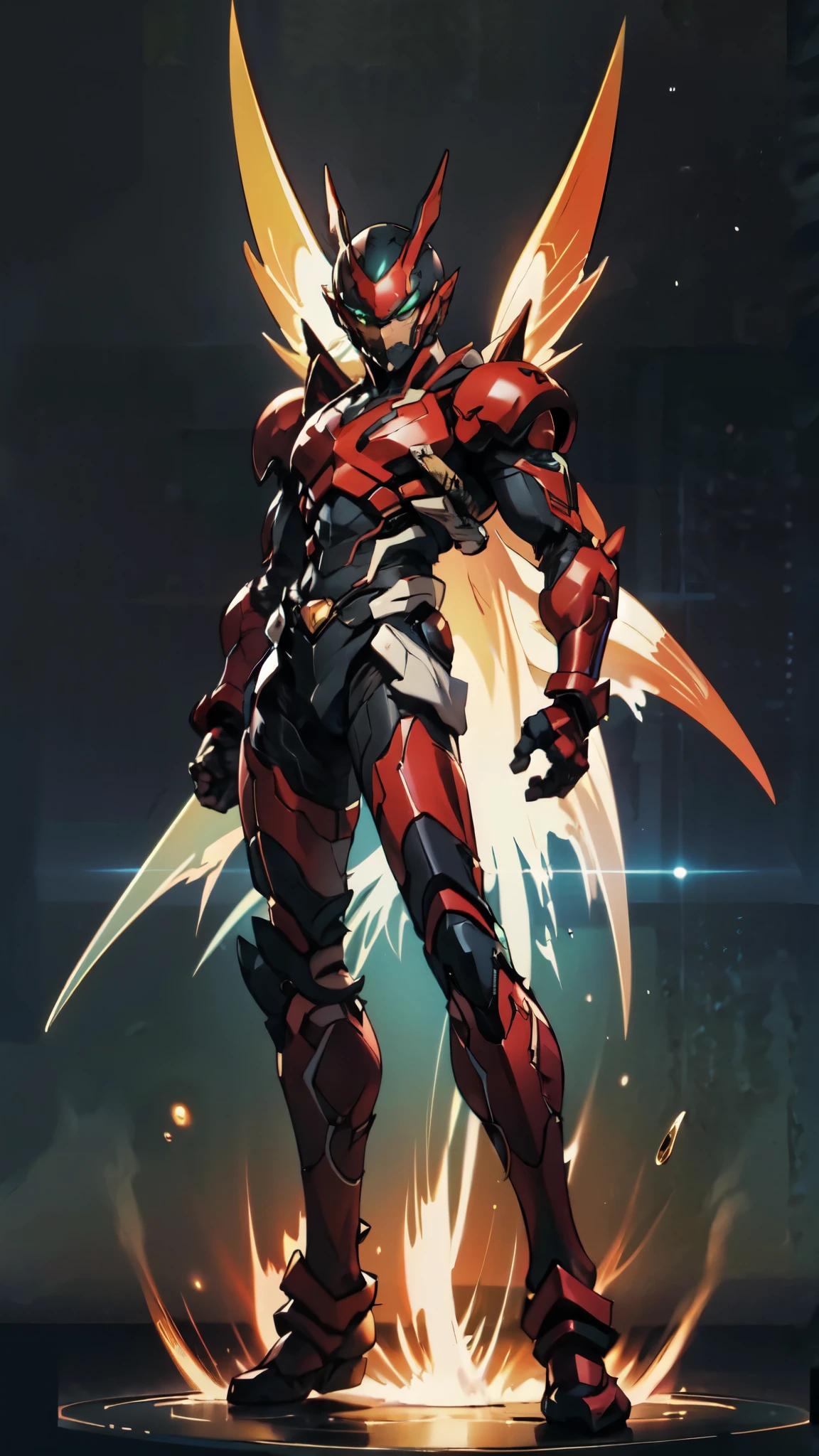 (masterpiece:1.5, best quality:1.5, extremely delicate:1.5, superhero pose:1.5), a man wearing a full-face helmet, a fantasy-style biotech armored combat suit, green eyes, (a composite layered chest armor), fully enclosed shoulder guards, matching arm and leg guards, belt of Neon circuit, (the color scheme is primarily black with green and red accents), the design balances heavy with agility, a high-tech bio-mecha armor, (Armor Concept Inspired by Bat, stand on the top of a skyscraper in a futuristic sci-fi city), this character embodies a finely crafted fantasy-surreal style armored hero in anime style, exquisite and mature manga art style, (element, plasma, energy, the armor glows), ((male:1.5)), metallic, high definition, highres, ultra-detailed, ultra-fine painting, professional, perfect body proportions, golden ratio, anatomically correct, symmetrical face, extremely detailed eyes and face, high quality eyes, creativity, RAW photo, UHD, 32k, Natural light, cinematic lighting, masterpiece-anatomy-perfect
