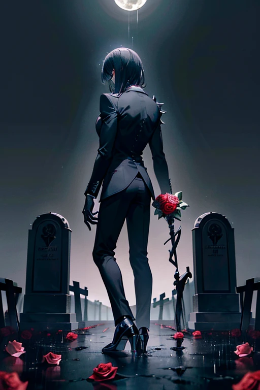 masterpiece, ccurate, anatomically correct, super detail, highres, best quality, award winning, male skeleton standing IN FRONT of 1 single grave, 1 grave alone, holding rose in hand, midnight, rain, dark sky, moonlight cast on grave, skeletong is wearing a ripped (black suit:1.3), sad expression, head down, side view, view from behind
