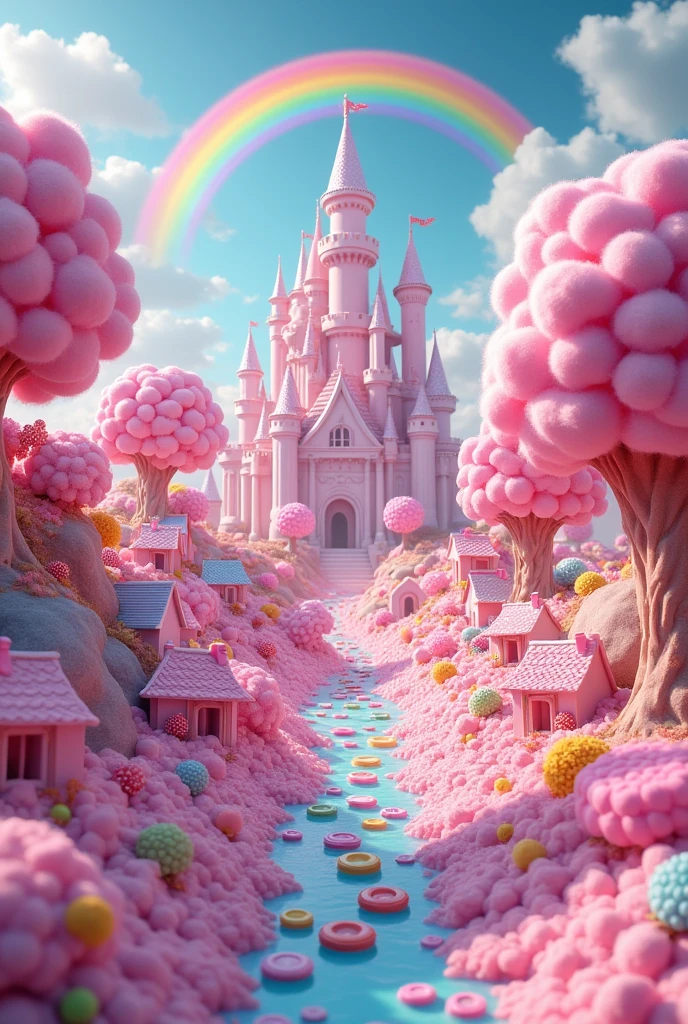 a candy land with lots of candy, candy forest, candy land, candyland, everything is made of candy, made of cotton candy, in a candy land style house, candy - coated, made of candy and lollipops, heaven pink, cotton candy, made of candy, heaven!!!!!!!!, cotton candy trees, lollipop flowers, chocolate river, hyperreal phantastic landscape, lots of candy land style houses, a big candy land style castle surrounded by  a river made of chocolate,  road made with candy buttons, Chewing Gum, candy cannes, lollypop candies all over the place, rainbow over the sky