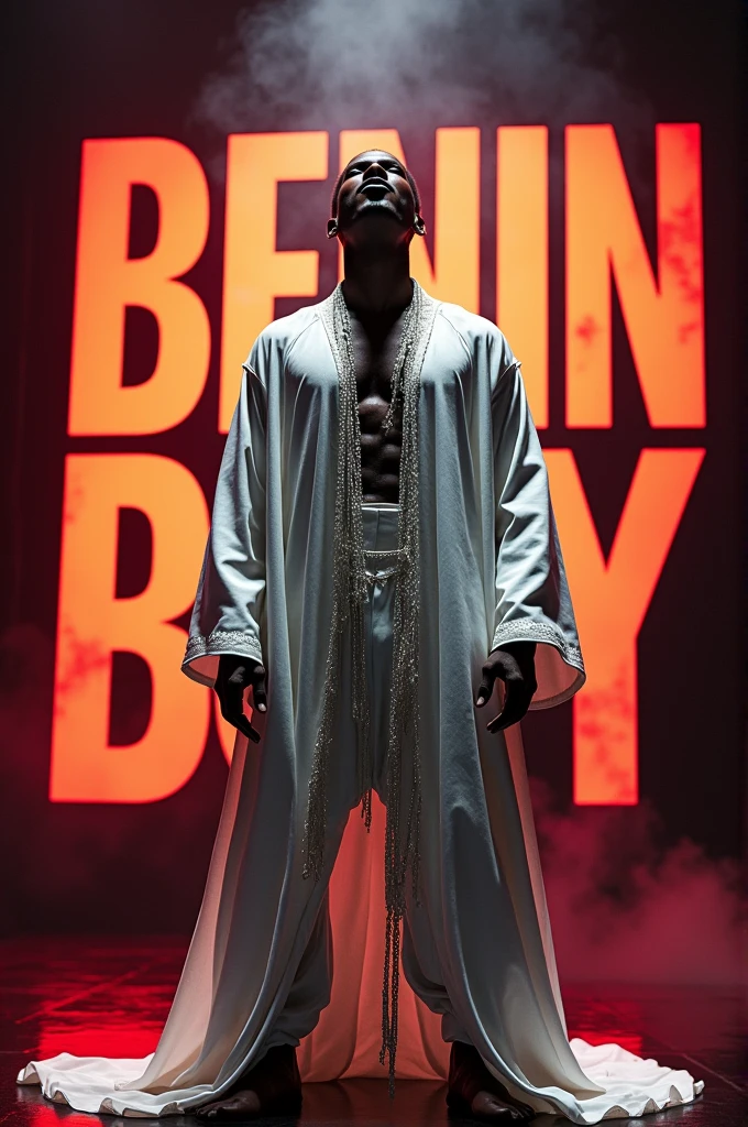 Afro male in a white scary outfit singing with the word Benin Boy boldly written on the Background