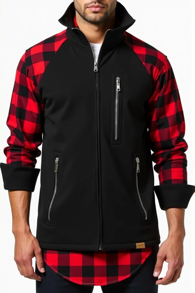 Raglan social shirt, with zipper on top, buttons on the body in the center, open bottom without zipper or buttons, with black shirt body, with long sleeves black and red plaid all over, small beginning of the all black folded sleeve, bottom of the red and black checkered shirt, large red and black plaid collar, two zippered pockets, One on Each Side, men's fashion