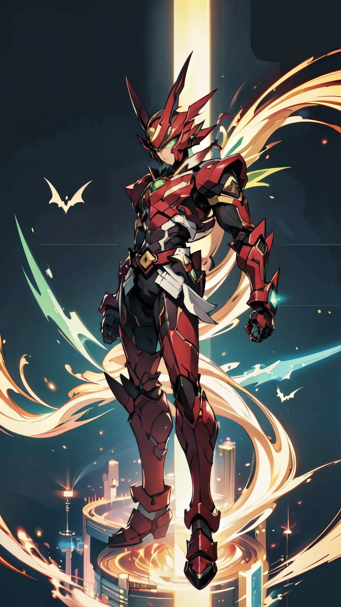 (masterpiece:1.5, best quality:1.5, extremely delicate:1.5, superhero pose:1.5), a man wearing a full-face helmet, a fantasy-style biotech armored combat suit, green eyes, (a composite layered chest armor), fully enclosed shoulder guards, matching arm and leg guards, belt of Neon circuit, (the color scheme is primarily black with green and red accents), the design balances heavy with agility, a high-tech bio-mecha armor, (Armor Concept Inspired by Bat, stand on the top of a skyscraper in a futuristic sci-fi city), this character embodies a finely crafted fantasy-surreal style armored hero in anime style, exquisite and mature manga art style, (element, plasma, energy, the armor glows), ((male:1.5)), metallic, high definition, highres, ultra-detailed, ultra-fine painting, professional, perfect body proportions, golden ratio, anatomically correct, symmetrical face, extremely detailed eyes and face, high quality eyes, creativity, RAW photo, UHD, 32k, Natural light, cinematic lighting, masterpiece-anatomy-perfect