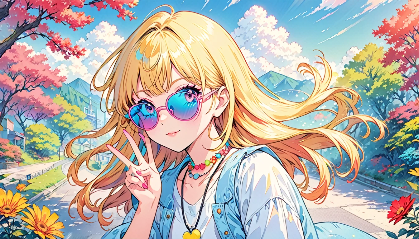 Anime girl wearing sunglasses and a necklace making a peace sign, Anime-style illustrations, Decora style illustrations, Anime atmosphere, Beautiful anime art style, blonde anime girl with long hair, Digital art on Pixiv, Anime Graphic Illustration, Colorful illustration, Cute art style, 80s anime art style, Colorful illustration, rossdraws pastel vivid