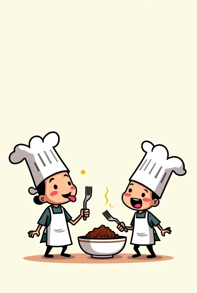 two cartoon characters next to each other with a bowl of feijoada in their hands and their tongues sticking out to the side because it is very tasty and the other with cutlery in his hands waiting to eat, characters must be dressed in chef's clothes image without background simple thin dolls