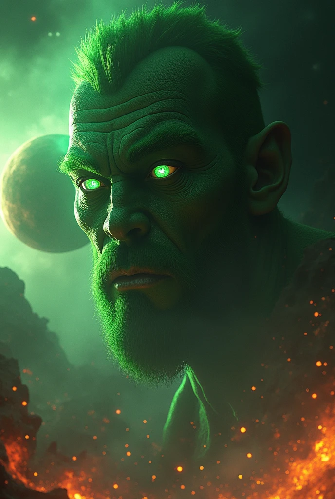 
green giant with green eyes in space with a black hole behind with fire