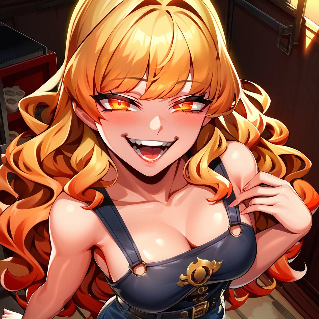 curtain bangs, wavy hair, orange eyes, blonde, pants, 1girl, gorgeous, 4k, hd, room, looking at the viewer, repaired eyes, correct anatomy, natural colors, anime, very closet-up, artgrem, from above, gesugao, evil smile, open mouth, sadistic, half-closed eye, (glowing eyes:0.5), sexy pose