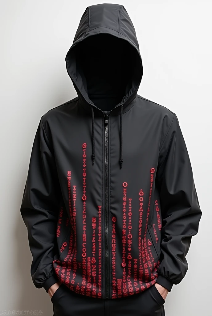 Create me a windbreaker jacket, with black and red colors, and textured with programming symbols, but without texture at all, halfway down the jacket, with programming symbols closer together, no exaggeration, more details in black and few in red, something very discreet and casual, show the jacket from the back and front. 