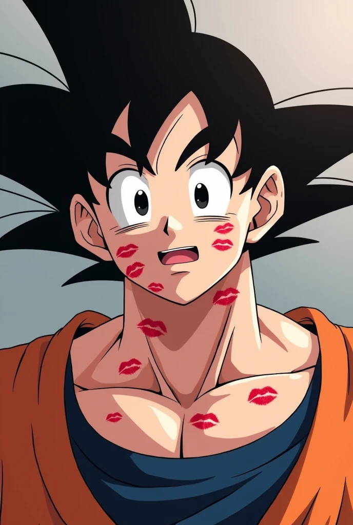 anime style, Adult Goku with his face and neck covered in lipstick marks from several kisses, happy and somewhat embarrassed expression,